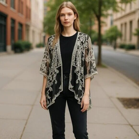 Liv Los Angeles  Embroidery Mesh Lace Festival Kimono Cardigan - Picture 2 of 9